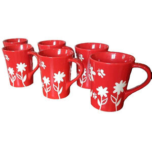 Set of 6 Starbucks 2007 Red White Flowers Butterflies Coffee Cup Mugs 12 oz